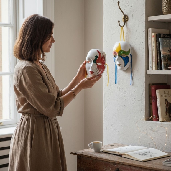 Vintage Mardi Gras Porcelain Ceramic Painted Face Mask Set Of 2 Good Condition - Picture 5 of 5